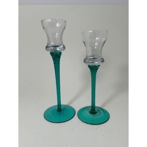 Vintage Teal Green Spiral Stem Hand Blown Glass Candle Holders Set of 2 ClearCup